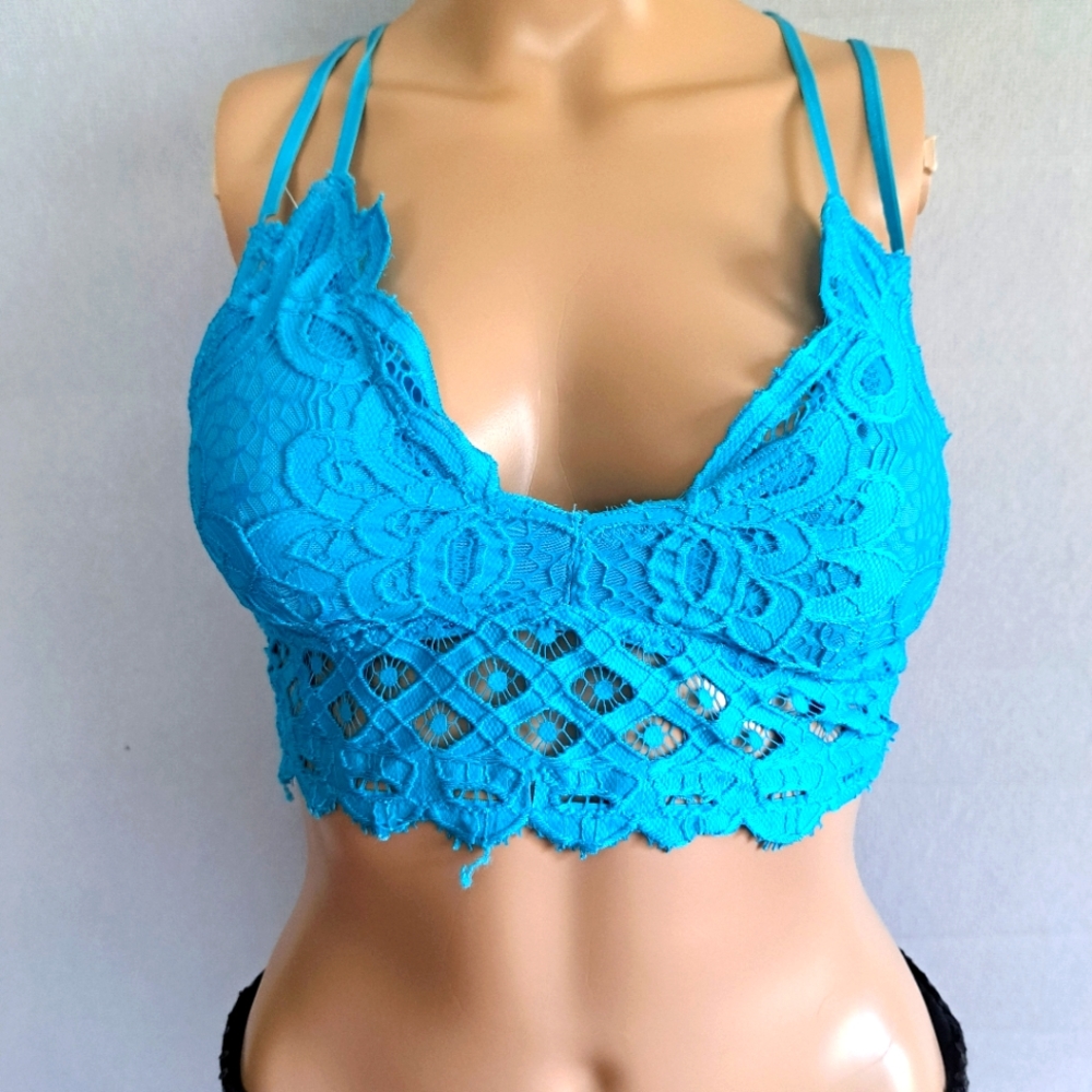 LOT OF 2 lace bralettes ONE SIZE blue neon green workout sexy leisure